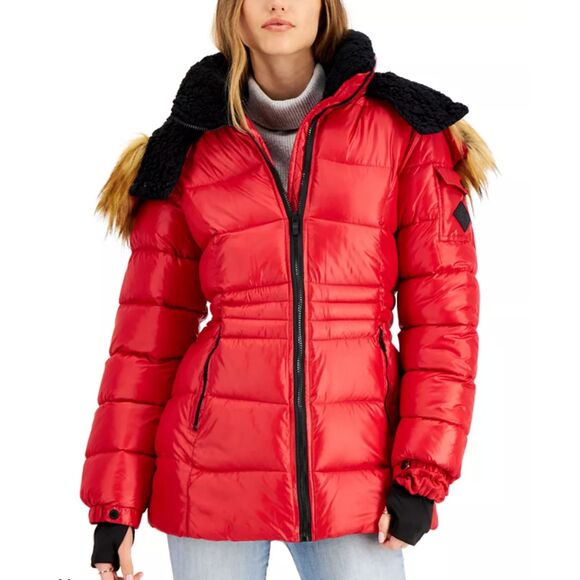 Steve Madden Juniors' Faux-Fur-Trim Hooded Shine Puffer Coat Small Red NWT - Picture 1 of 11